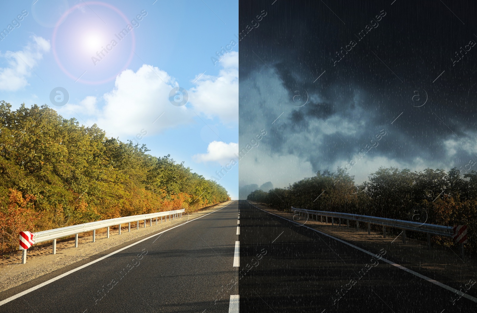 Image of Empty asphalt road during sunny and stormy weather, collage