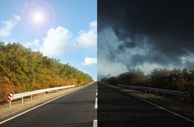 Image of Empty asphalt road during sunny and stormy weather, collage
