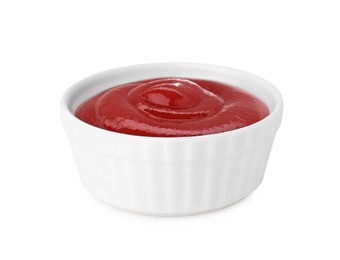 Photo of Bowl of tasty ketchup isolated on white. Tomato sauce