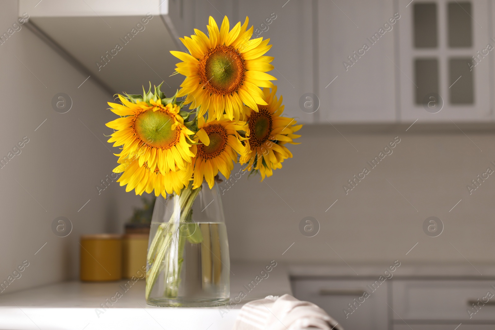 Photo of Vase with beautiful yellow sunflowers in kitchen, space for text