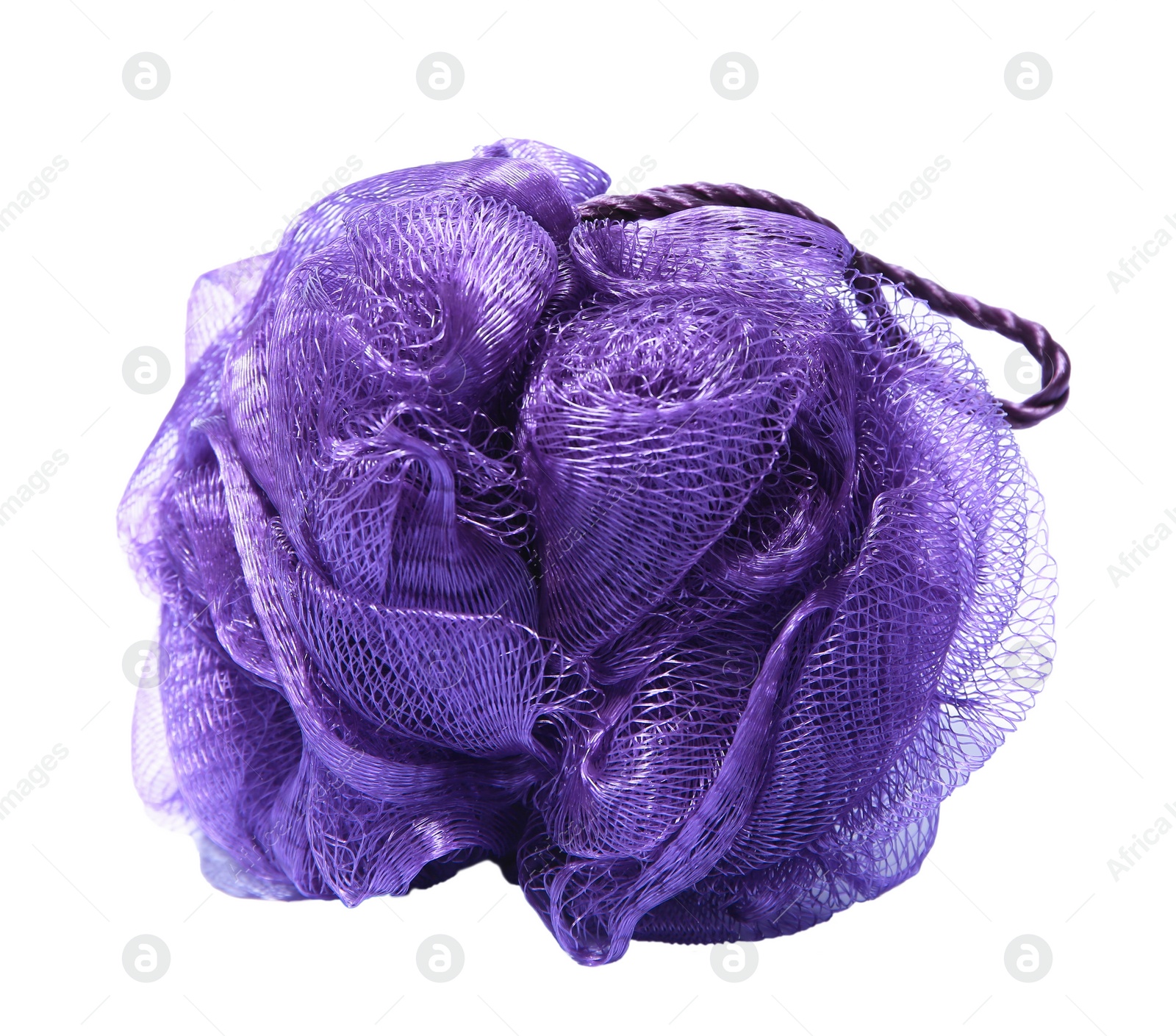 Photo of New purple shower puff isolated on white. Personal hygiene