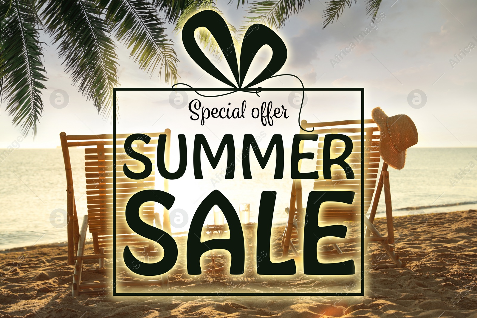 Image of Hot summer sale flyer design. Beautiful view on sandy beach near sea and text