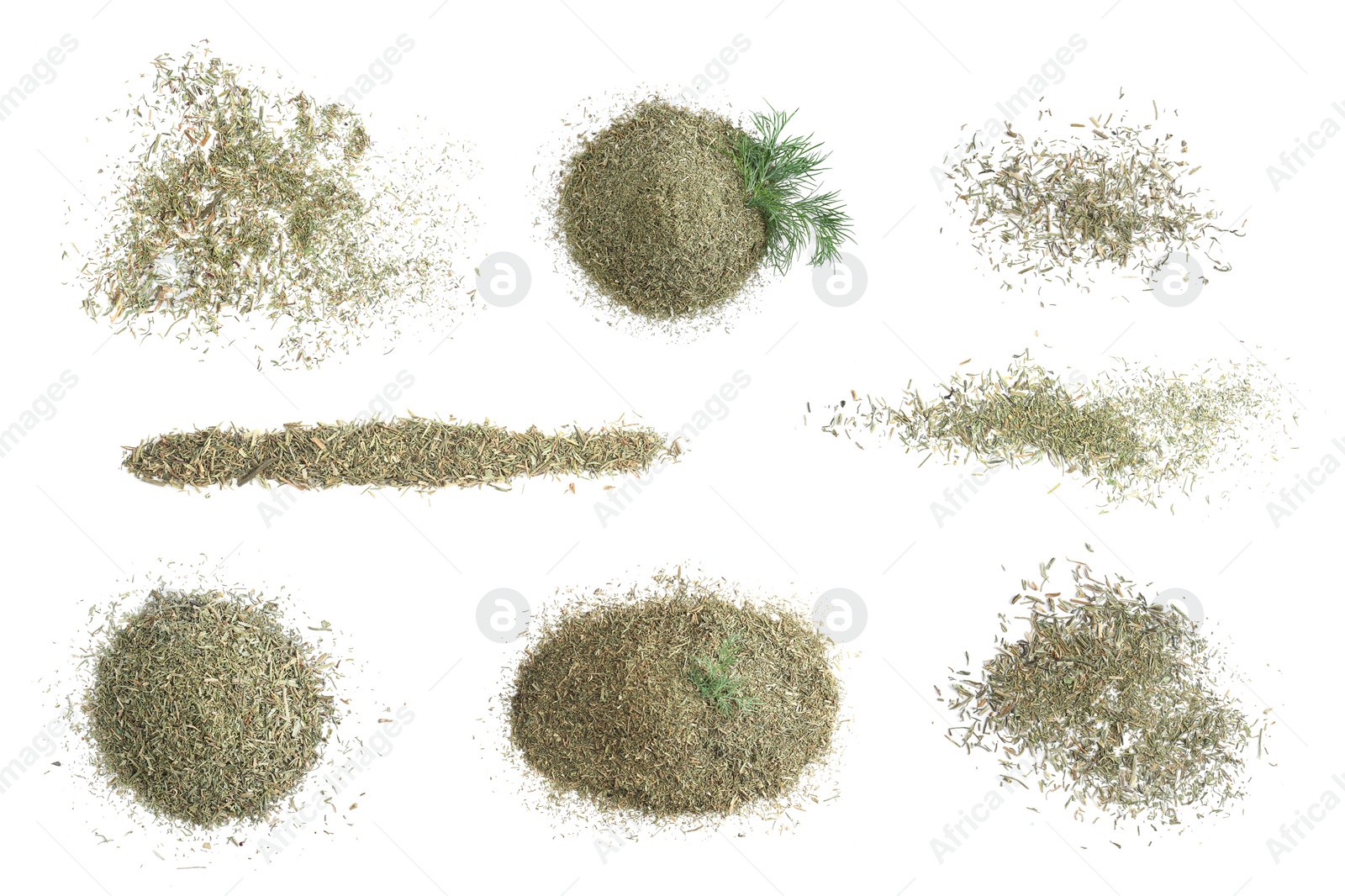 Image of Set with heaps of dry dill on white background