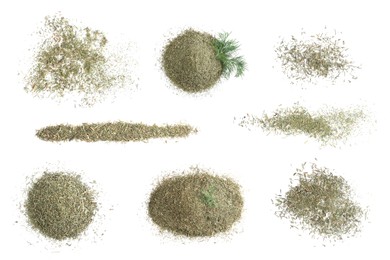 Image of Set with heaps of dry dill on white background