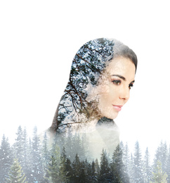 Image of Beautiful woman and pine forest on white background. Double exposure