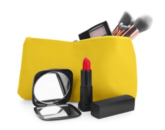 Stylish pocket mirror and cosmetic bag with makeup products on white background