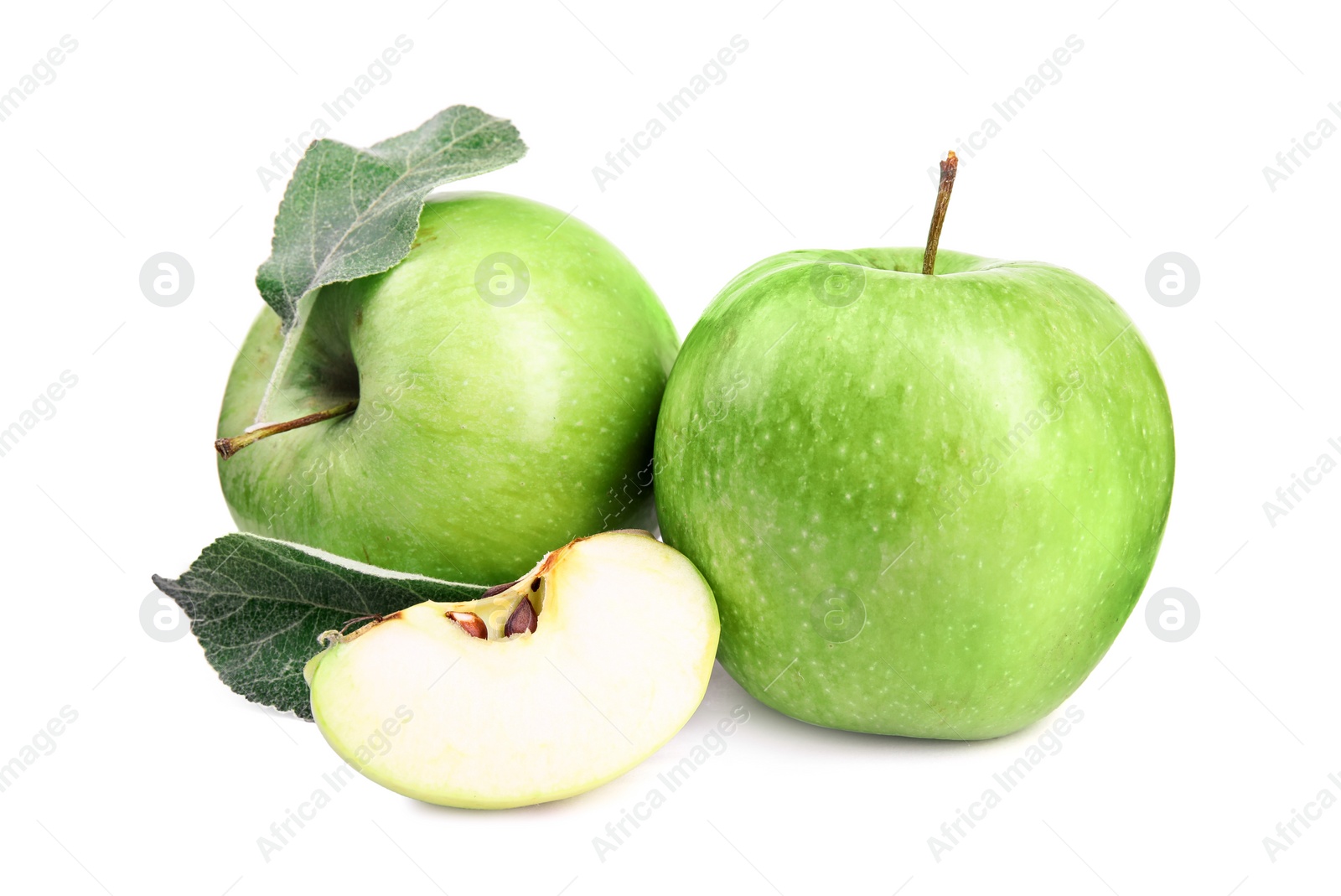 Photo of Fresh ripe green apples with leaves on white background