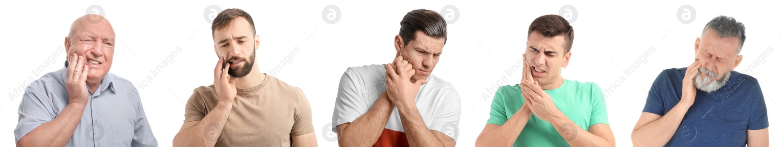 Image of Collage with photos of men suffering from toothache on white background. Banner design