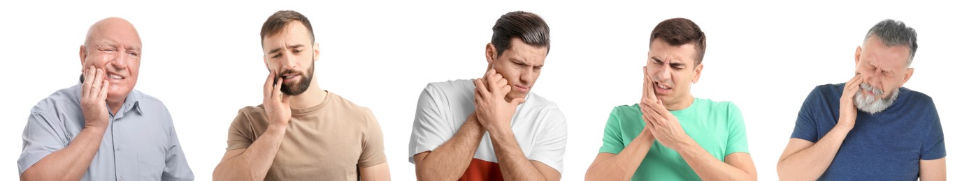 Image of Collage with photos of men suffering from toothache on white background. Banner design