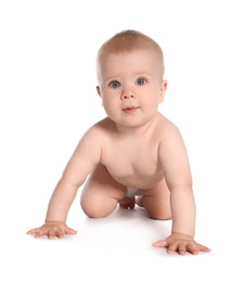 Cute little baby crawling on white background