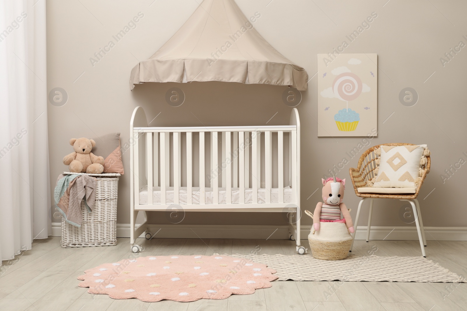 Photo of Modern baby room interior with stylish crib