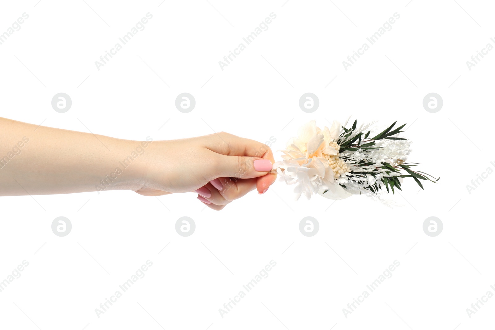 Photo of Woman holding stylish boutonniere on white background, closeup