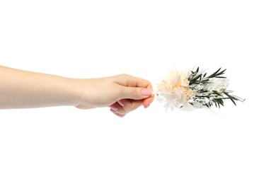 Woman holding stylish boutonniere on white background, closeup