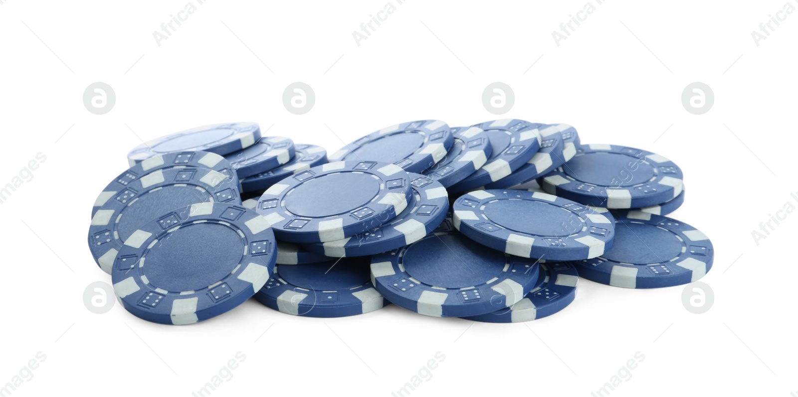 Photo of Pile of casino poker chips on white background