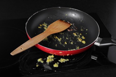 Dirty frying pan with spatula on cooktop in kitchen