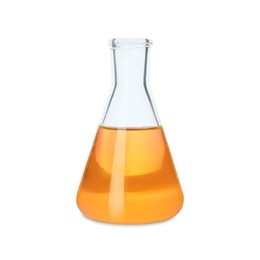 Photo of Glass flask with orange liquid isolated on white
