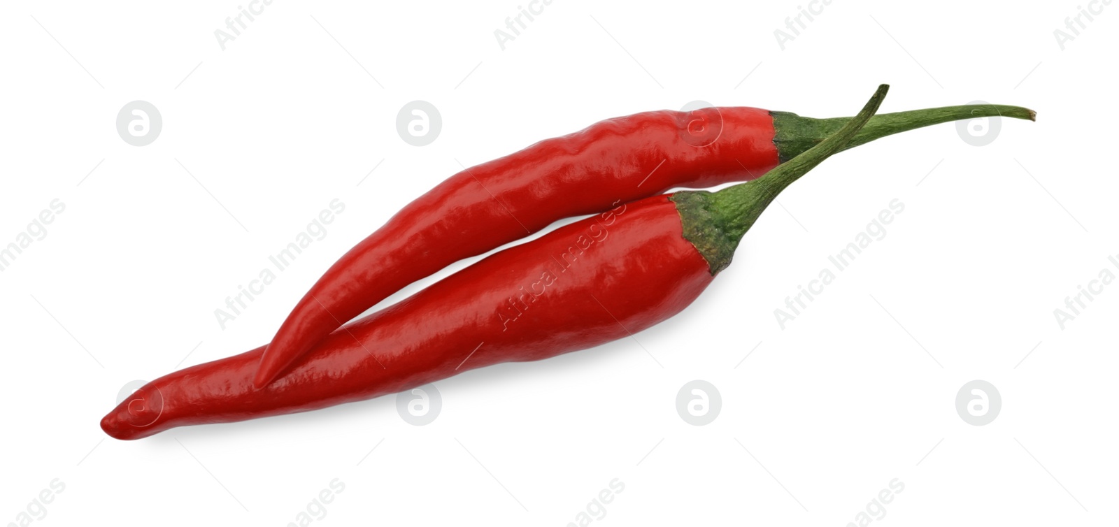 Photo of Red hot chili peppers isolated on white, top view