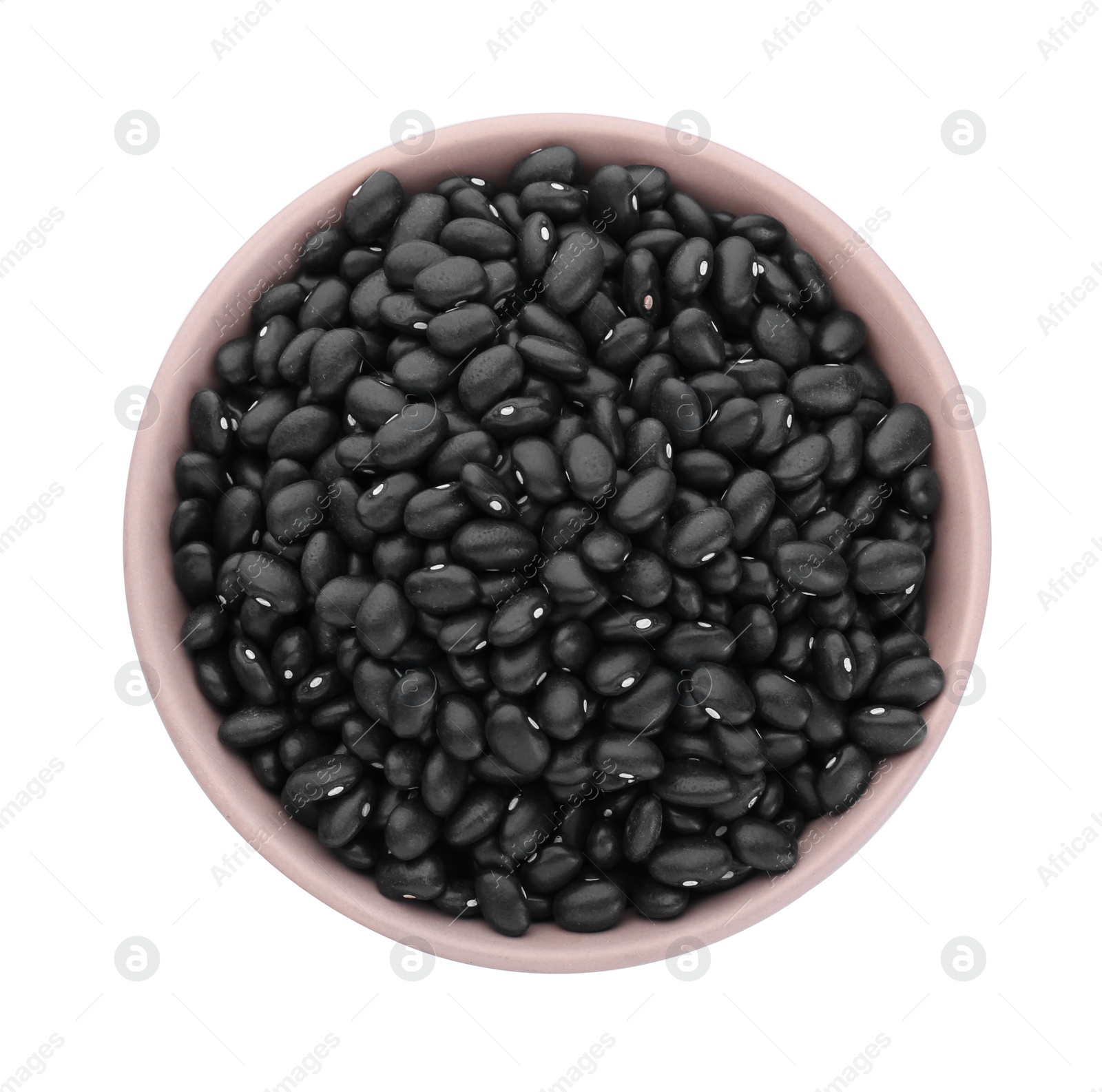 Photo of Bowl of raw black beans isolated on white, top view