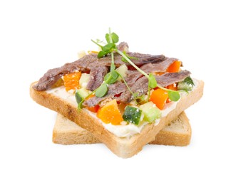 Photo of Delicious toasts with anchovies, cream cheese, bell peppers and cucumbers isolated on white