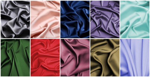 Image of Set with samples of different delicate silk fabrics. Banner design