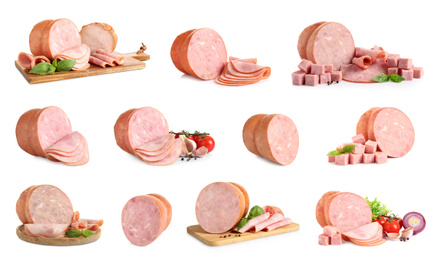 Image of Set of tasty hams on white background