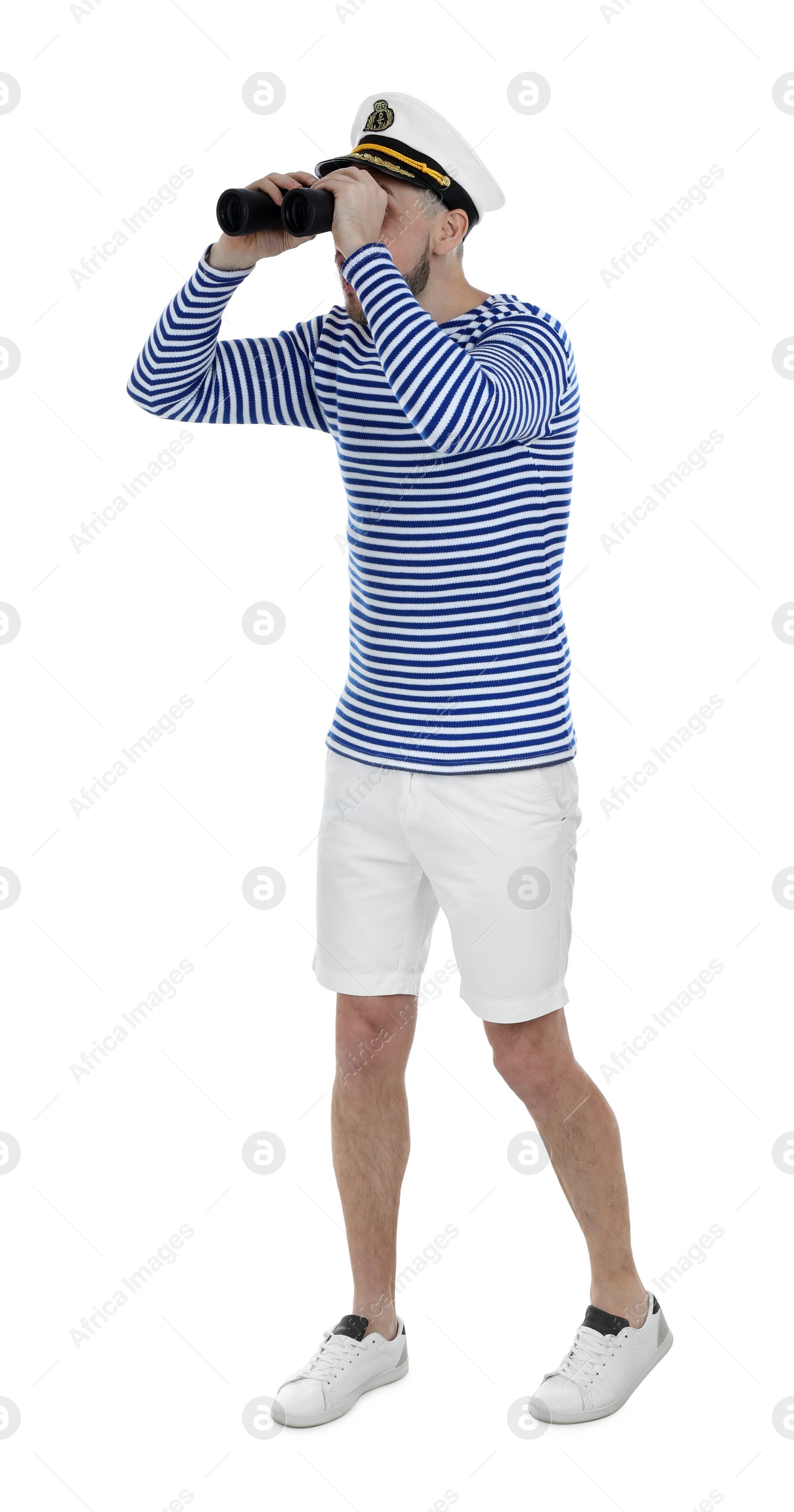 Photo of Sailor looking through binoculars on white background