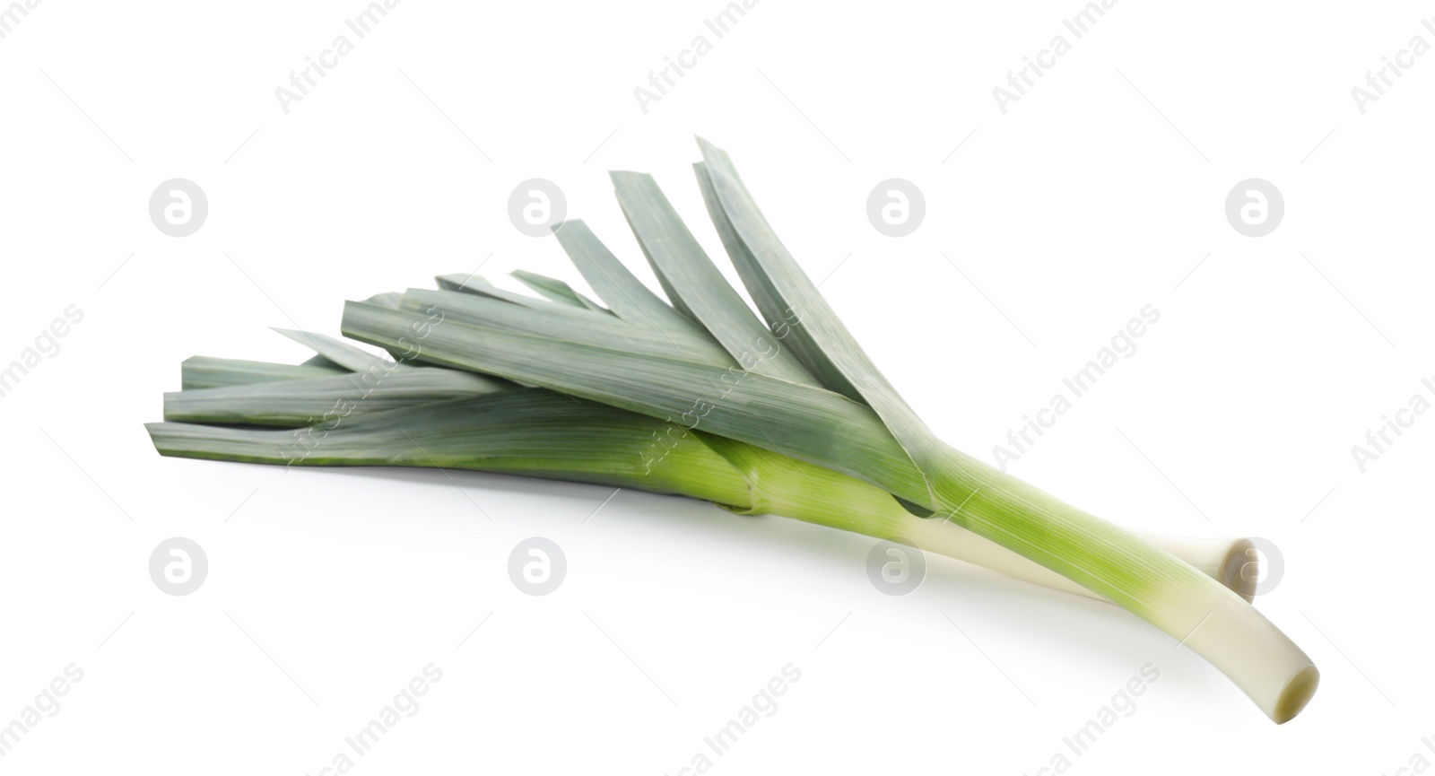 Photo of Fresh raw leeks on white background. Ripe onion