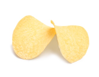 Tasty crispy potato chips on white background