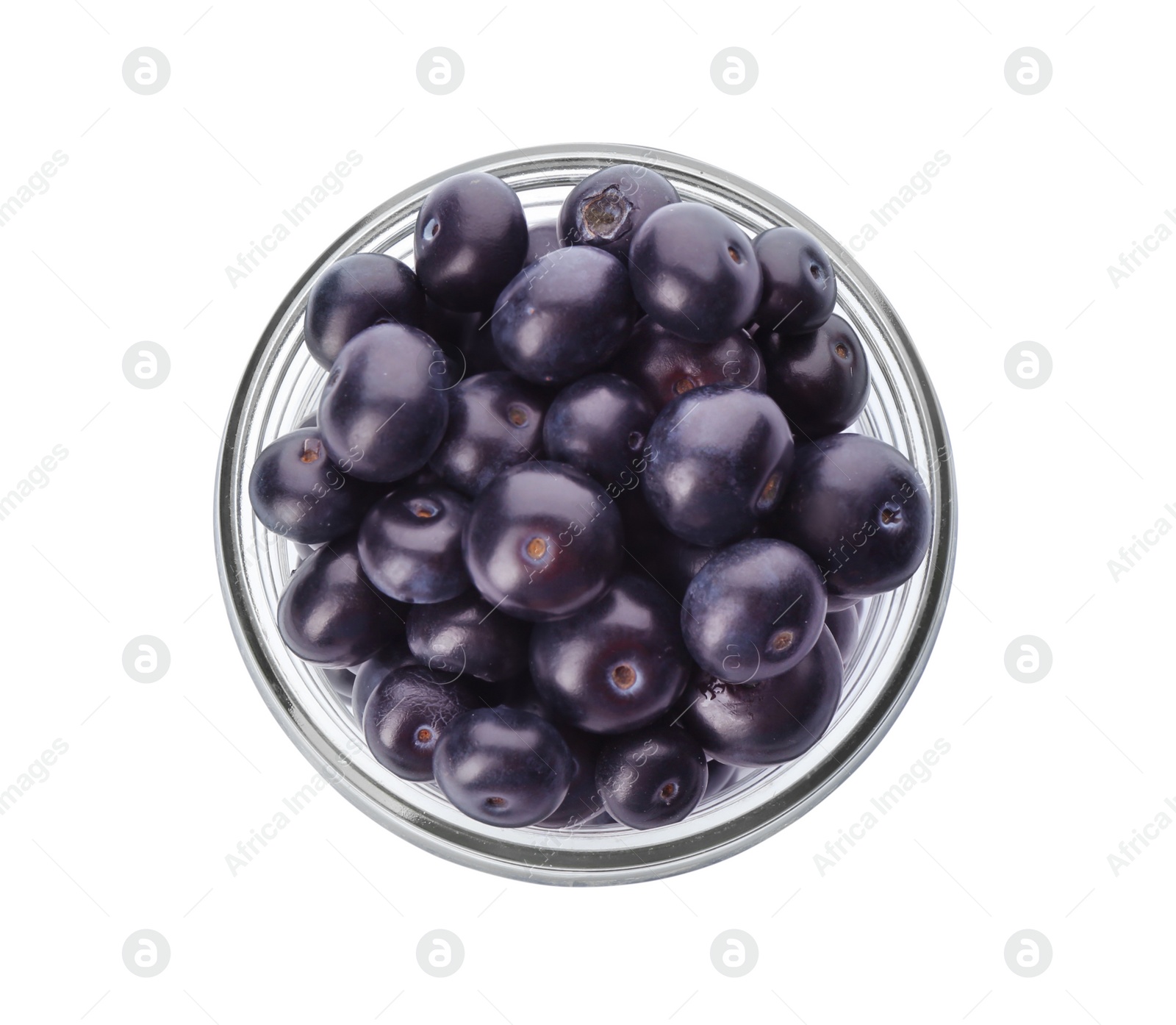 Photo of Fresh acai berries in glass jar isolated on white, top view