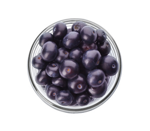 Fresh acai berries in glass jar isolated on white, top view
