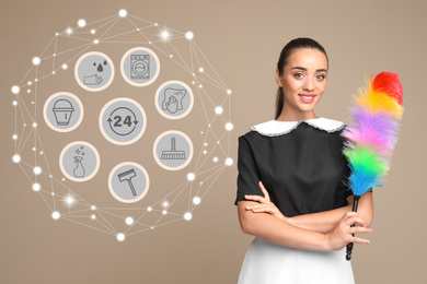 Image of Young chambermaid and different icons on beige background