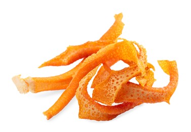 Photo of Pile of dry orange peels on white background