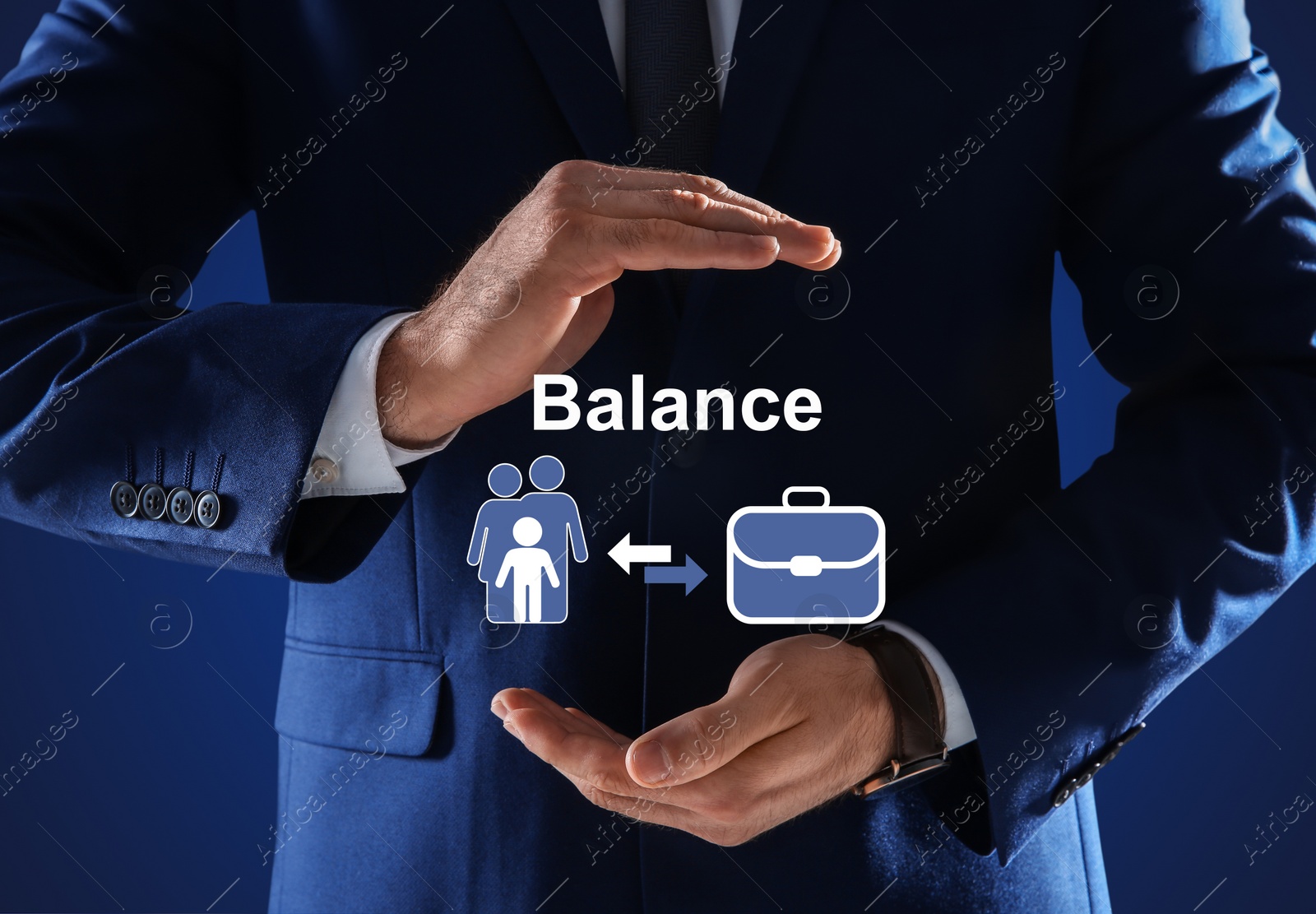 Image of Man holding virtual icons against blue background, closeup. Concept of balance between life and work 