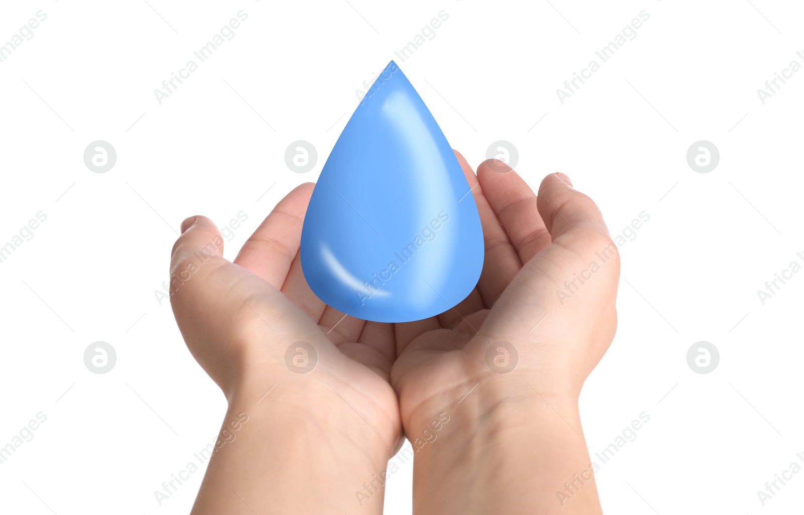 Image of Woman holding water drop on white background, closeup. Ecology protection