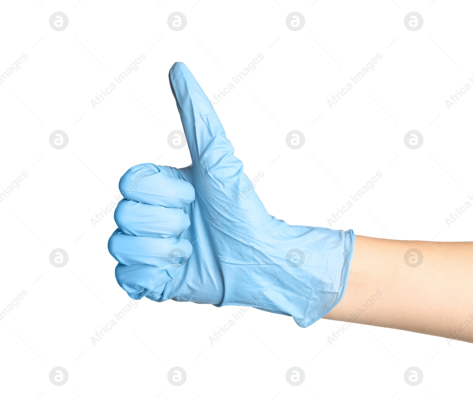 Photo of Doctor in medical glove showing thumb-up gesture on white background