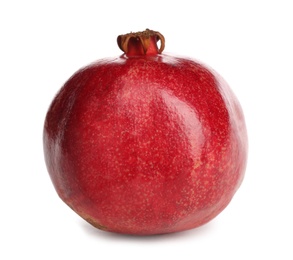 Photo of Ripe pomegranate on white background. Delicious fruit