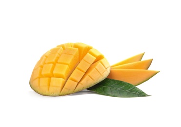 Photo of Cut ripe mango on white background. Tropical fruit