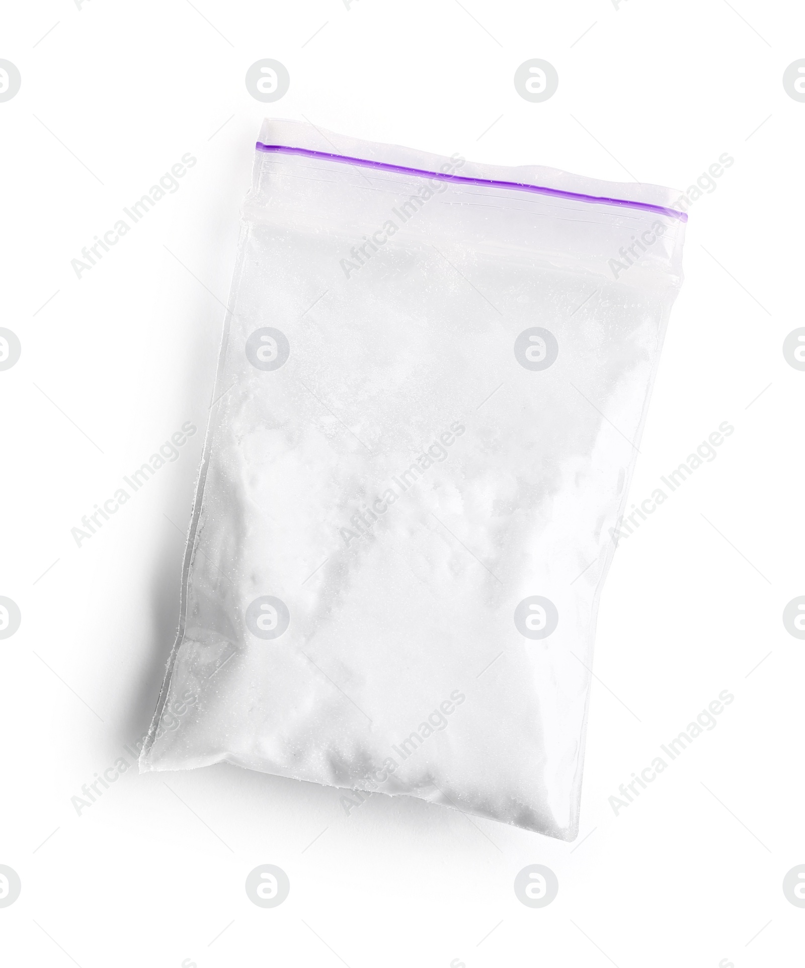 Photo of Cocaine in plastic bag on white background, top view