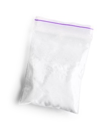 Photo of Cocaine in plastic bag on white background, top view