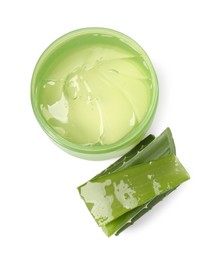 Photo of Jar of natural gel and cut aloe isolated on white, top view
