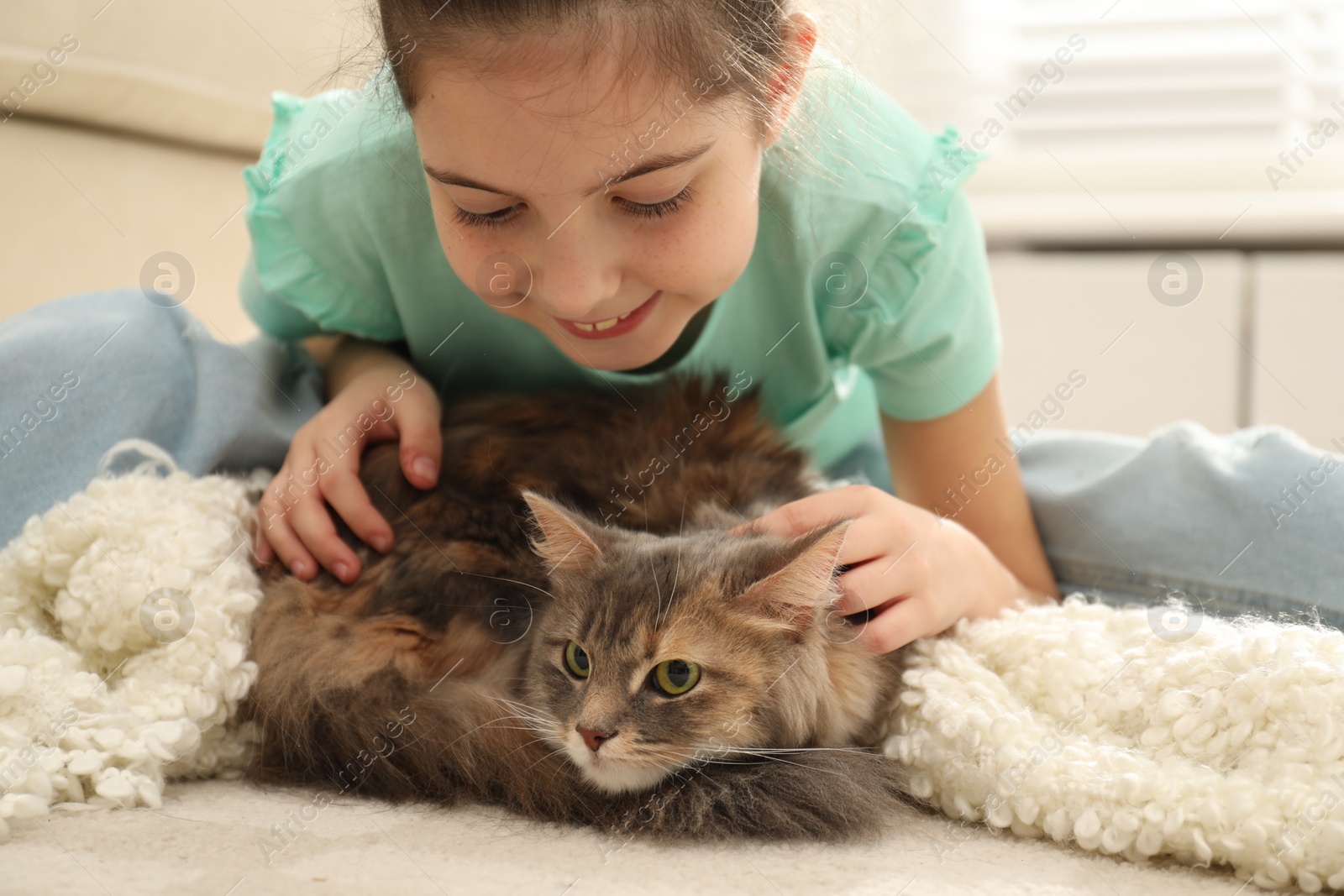 Photo of Cute little girl with cat lying on carpet at home. First pet