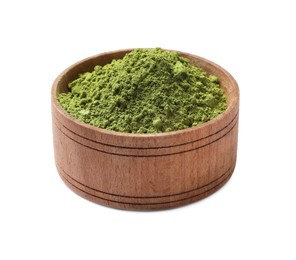 Photo of Green matcha powder in bowl isolated on white