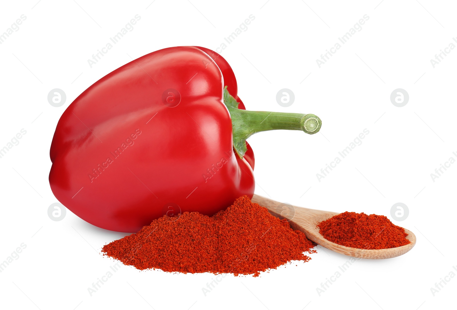 Photo of Spoon, aromatic paprika powder and fresh bell pepper isolated on white