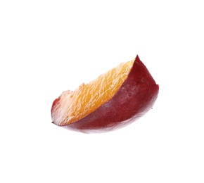 Photo of Piece of fresh plum on white background