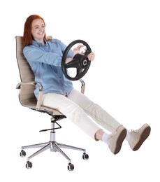 Photo of Happy young woman on chair with steering wheel against white background