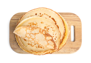 Stack of fresh thin pancakes isolated on white, top view