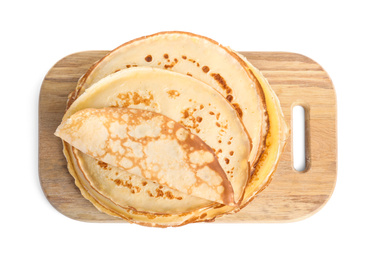 Photo of Stack of fresh thin pancakes isolated on white, top view