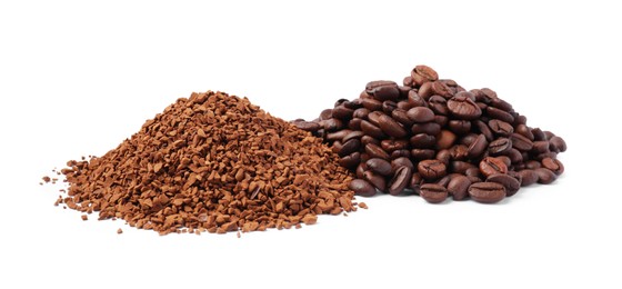 Heap of instant coffee and beans on white background