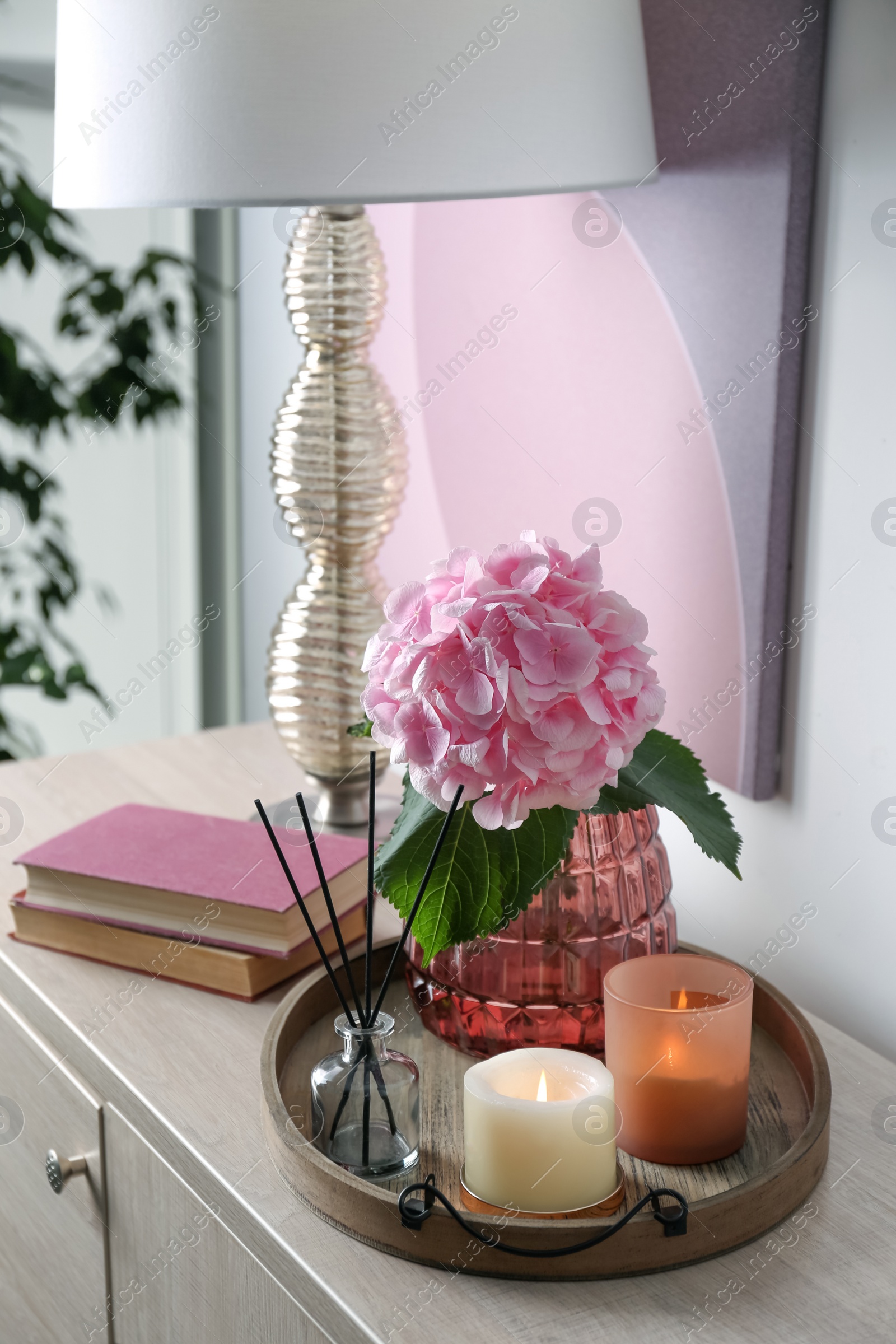 Photo of Stylish tray with different interior elements and lamp on chest of drawers