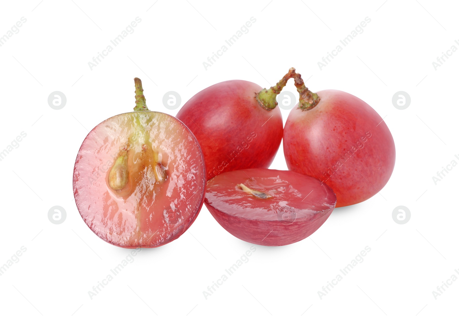 Photo of Cut and whole ripe red grapes isolated on white